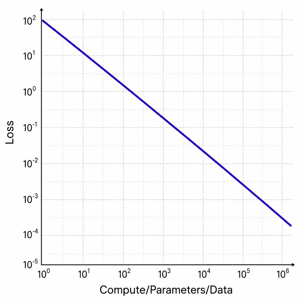 Technical diagram showing a log-log plot. X-axis labeled 'Compute/Parameters/Data', Y-axis labeled 'Loss'. A downward sloping straight line indicates the power-law relationship. Clean, minimalist style, white background, blue and black lines.