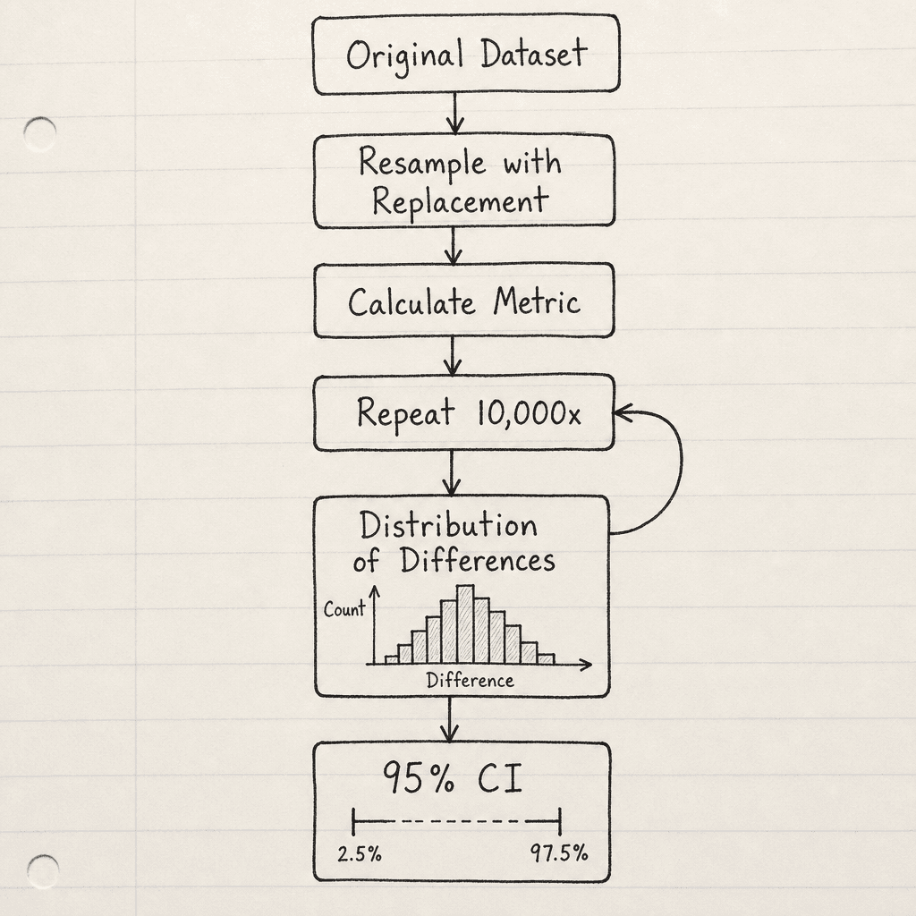 A hand-drawn flowchart on notebook paper illustrating the Bootstrap Resampling algorithm, showing steps : Original Dataset -> Resample with Replacement -> Calculate Metric -> Repeat 10,000 times -> Distribution of Differences -> Confidence Interval, drawn as a hand-drawn ink s…