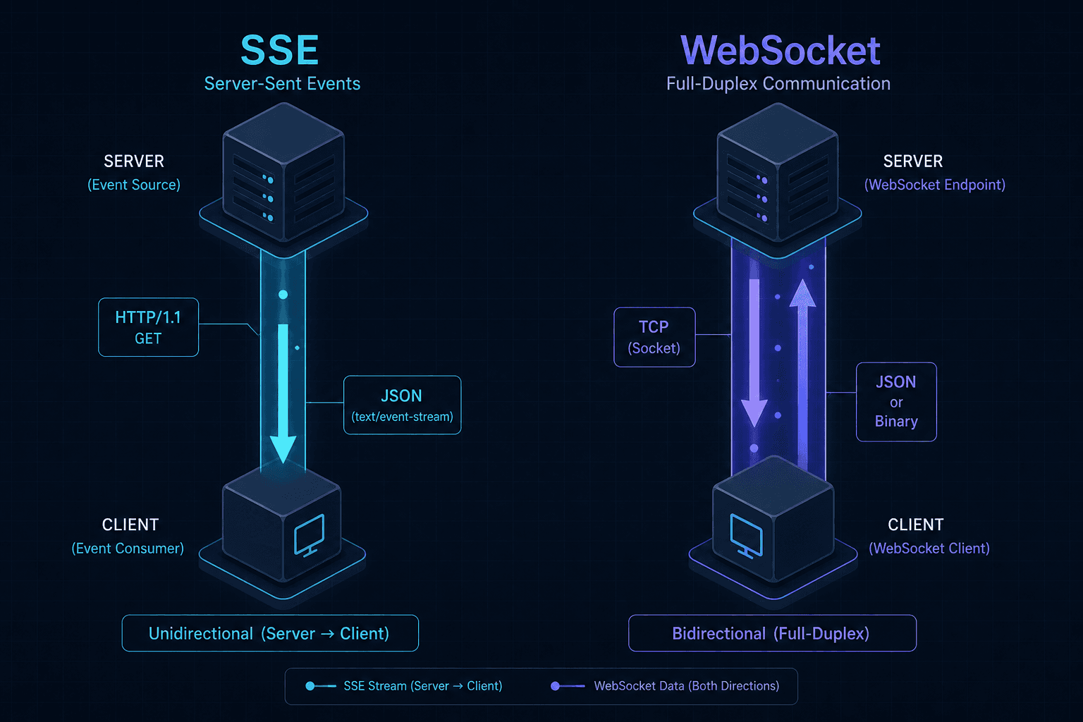 Diagram comparing SSE and WebSocket connection lifecycles for streaming data.