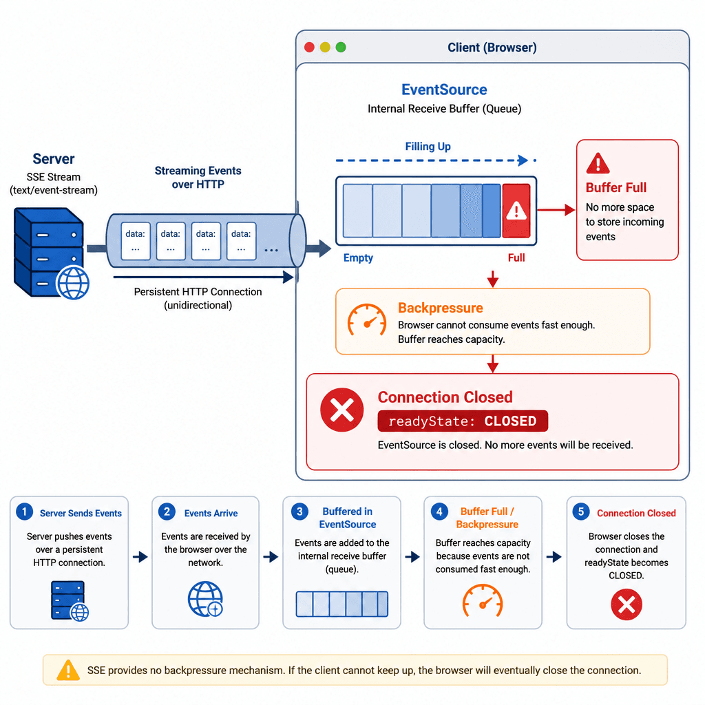 Technical architecture diagram comparing SSE and WebSocket transport layers. Left side : SSE showing persistent HTTP GET request, unidirectional arrow from Server to Client, HTTP headers preserved. Right side : WebSocket showing HTTP Upgrade handshake, persistent TCP socket, b…