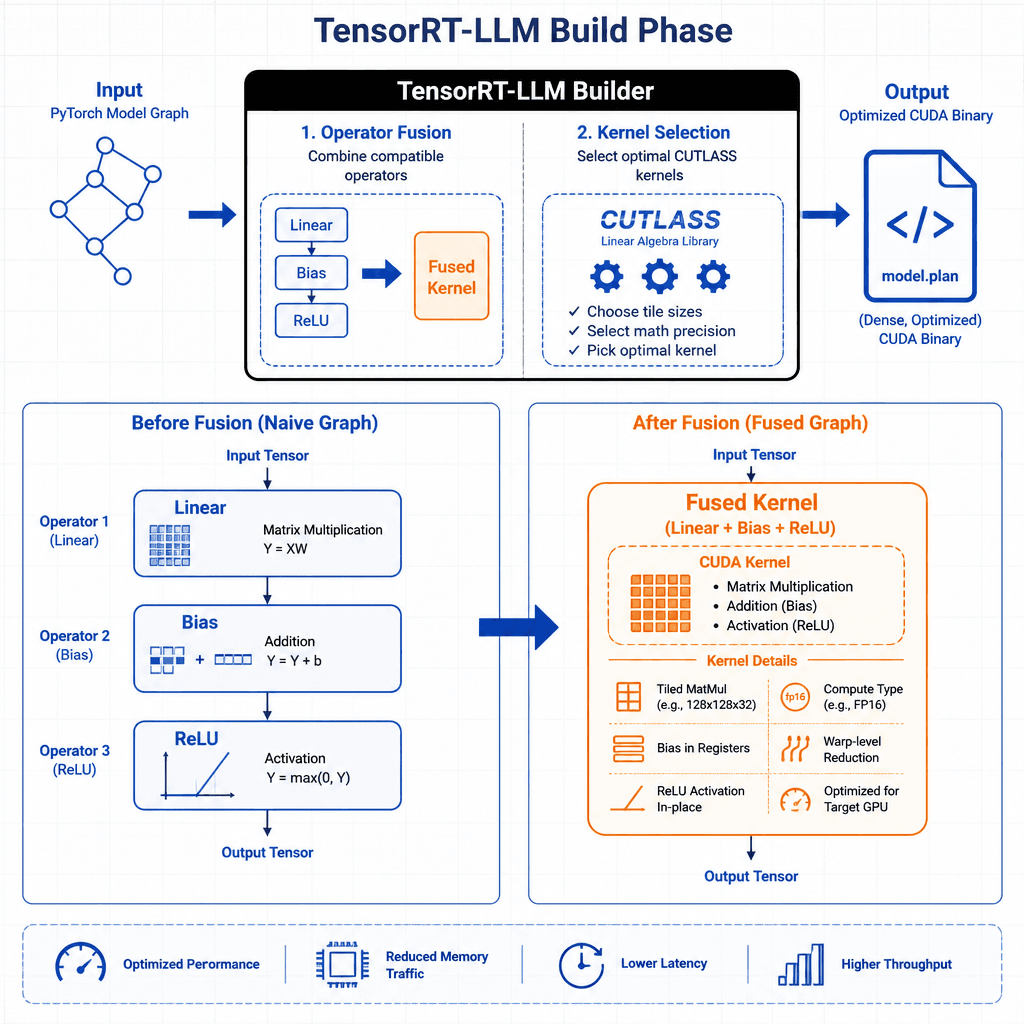Technical diagram illustrating the TensorRT-LLM build phase. Show a PyTorch model graph entering a black box labeled 'TensorRT-LLM Builder'. Inside the box, show operator fusion combining nodes and CUTLASS kernels being selected. Output is a dense, optimized CUDA binary. Style…