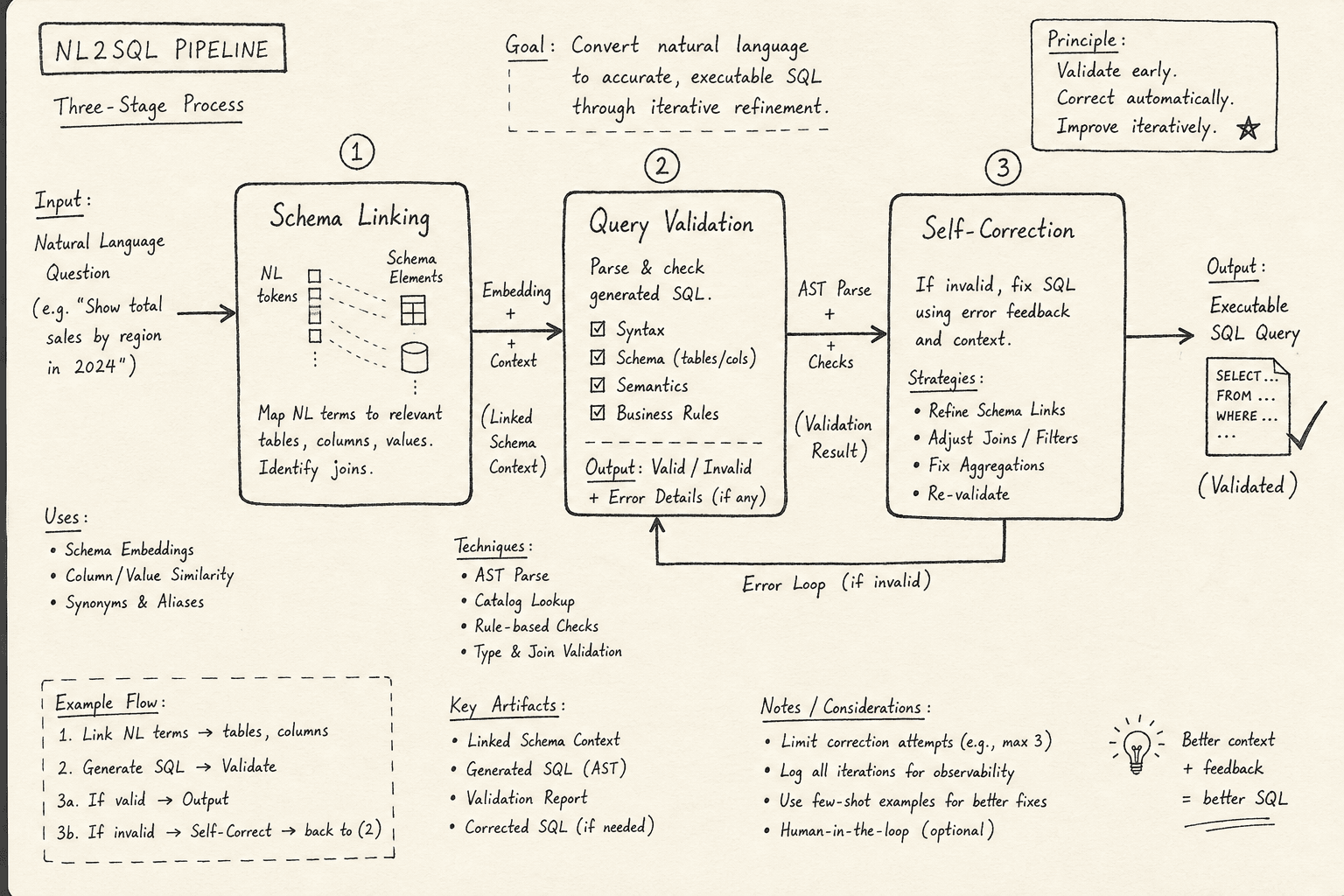 Diagram illustrating the three stages of Text-to-SQL processing: Schema Linking, Query Validation, and Self-Correction.