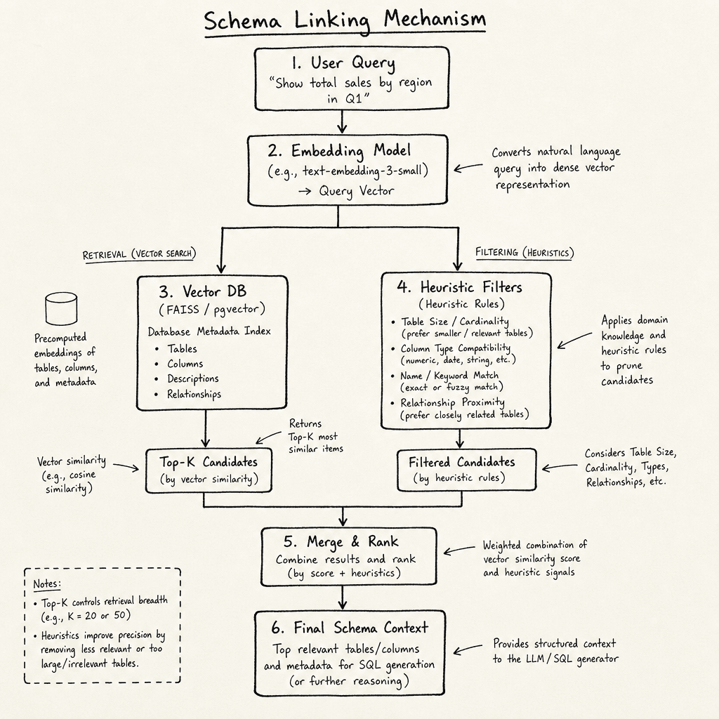A hand-drawn flowchart on off-white paper showing the Schema Linking mechanism : a user query vector being compared against a database metadata index using vector similarity search, with heuristic filters applied, drawn as a hand-drawn ink sketch on off-white paper, hand-lette…