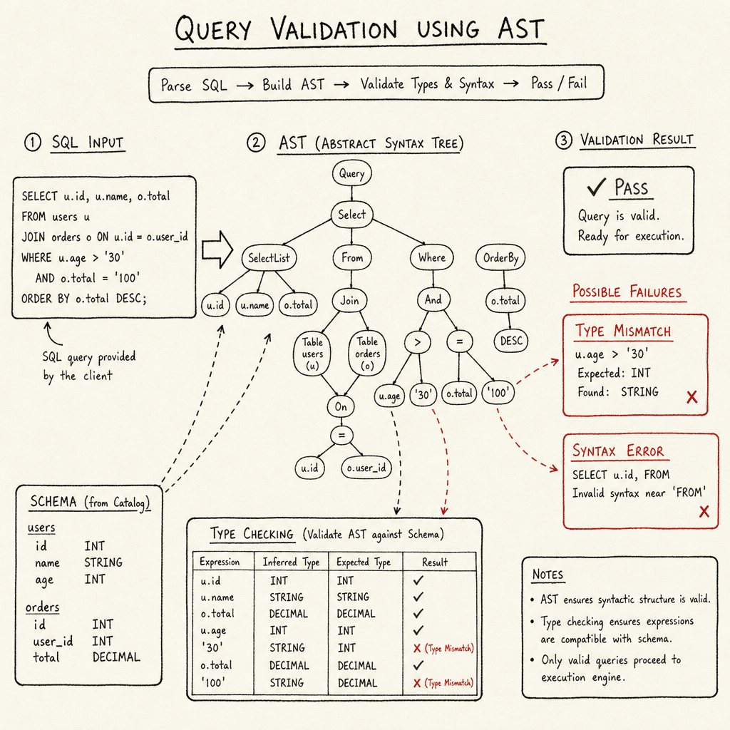 A hand-drawn diagram on off-white paper illustrating Query Validation using an Abstract Syntax Tree (AST), showing SQL code being parsed into a tree structure and checked against schema types, drawn as a hand-drawn ink sketch on off-white paper, hand-lettered labels, no neon o…
