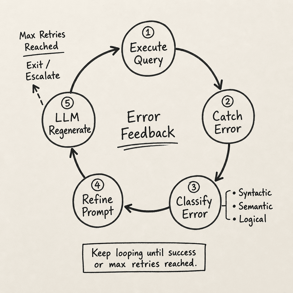 A hand-drawn circular flow diagram on off-white paper illustrating the Self-Correction loop : Execute Query -> Catch Error -> Classify Error -> Refine Prompt -> LLM Regenerate, drawn as a hand-drawn ink sketch on off-white paper, hand-lettered labels, no neon or dark background.