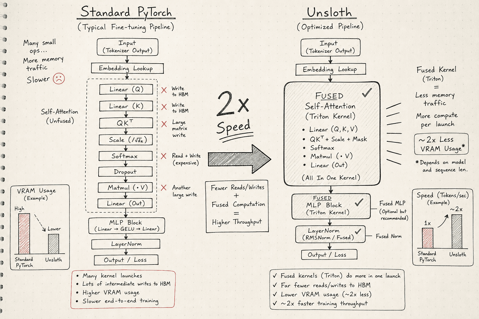 Diagram showing Unsloth optimizing PyTorch forward and backward passes on a single GPU.