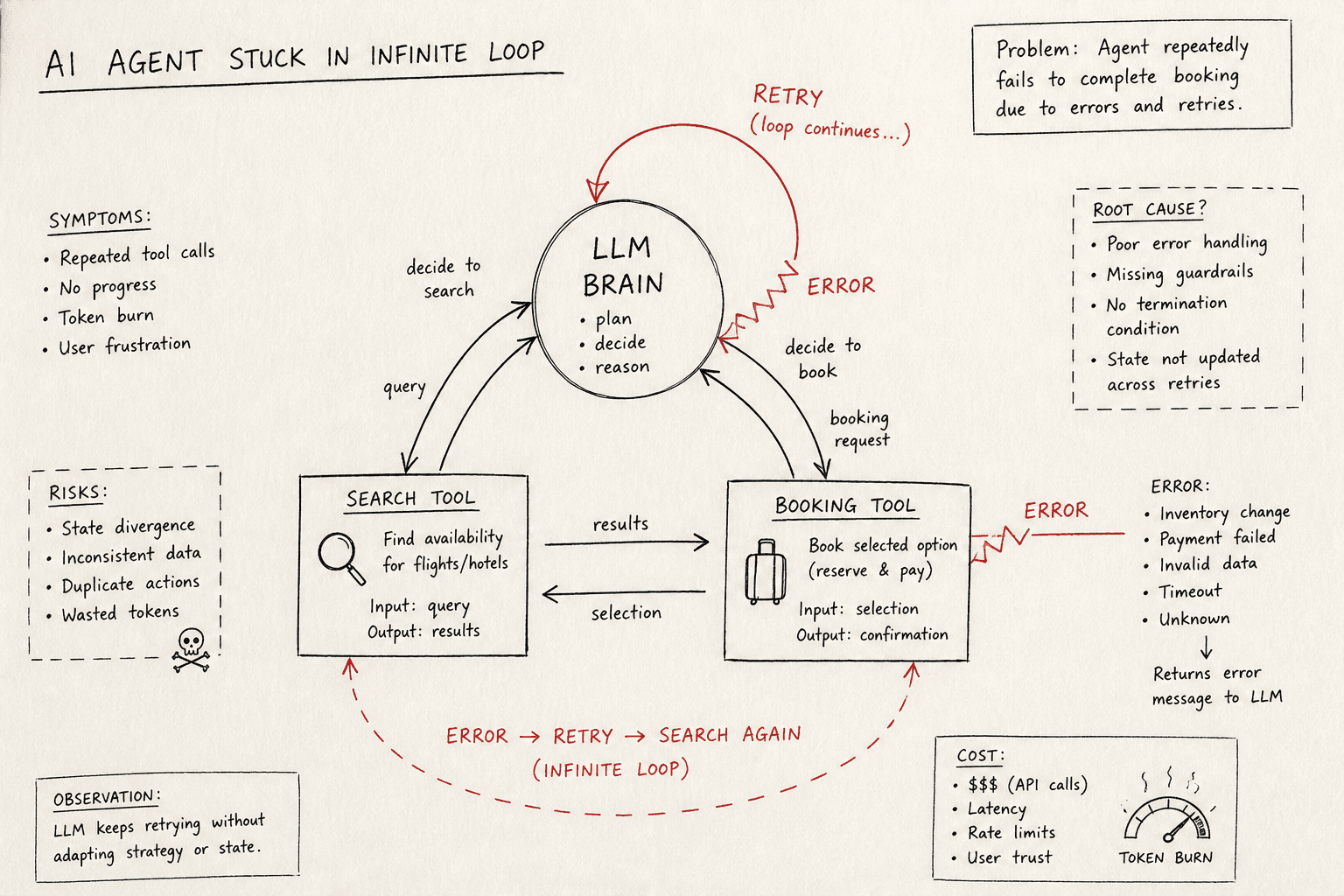 Diagram illustrating an AI agent stuck in an infinite loop with tool calls.