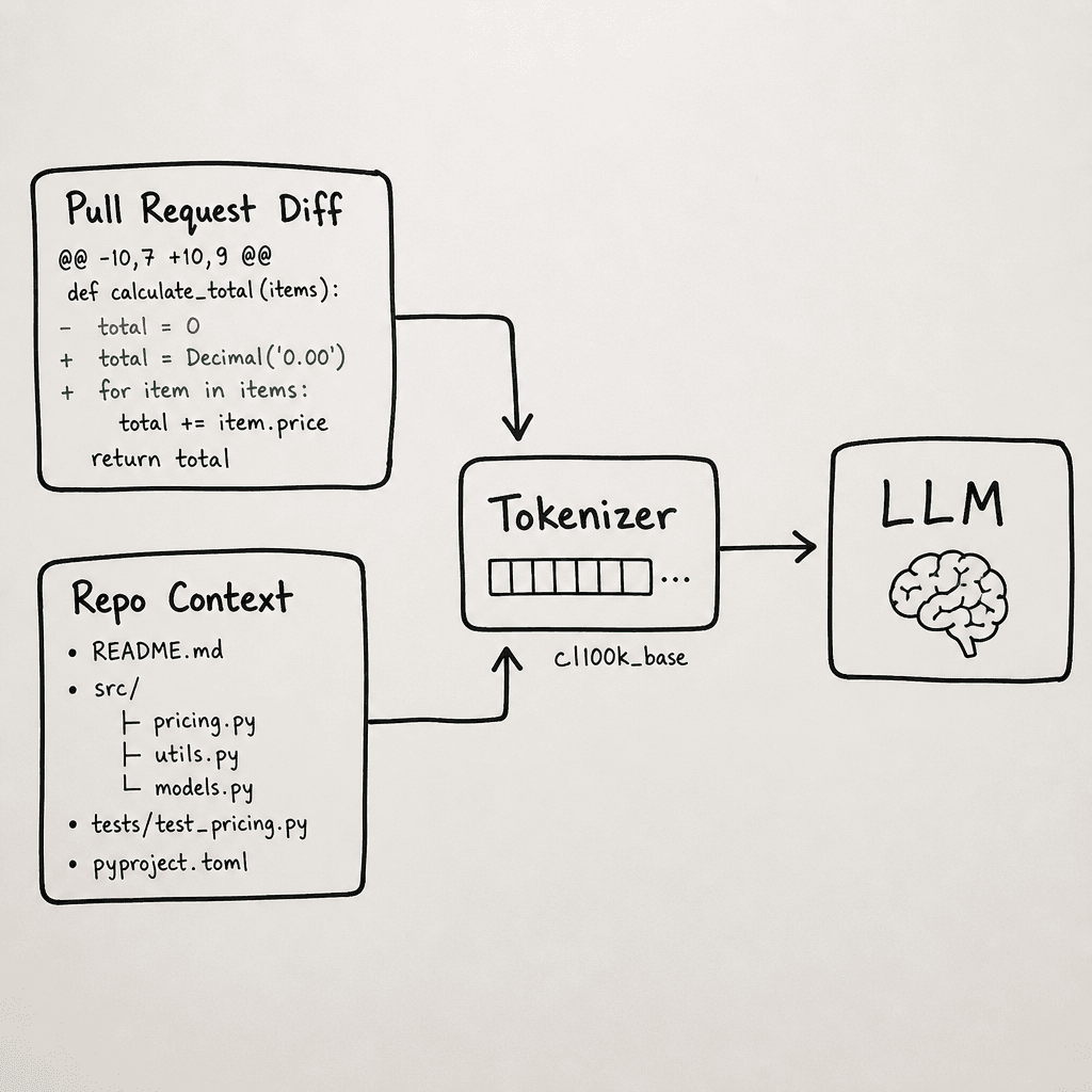 A hand-drawn whiteboard sketch of a code review bot workflow, showing a pull request diff and repo context feeding into a tokenizer box, then to an LLM box, drawn as a hand-drawn ink sketch on off-white paper, hand-lettered labels, no neon or dark background.