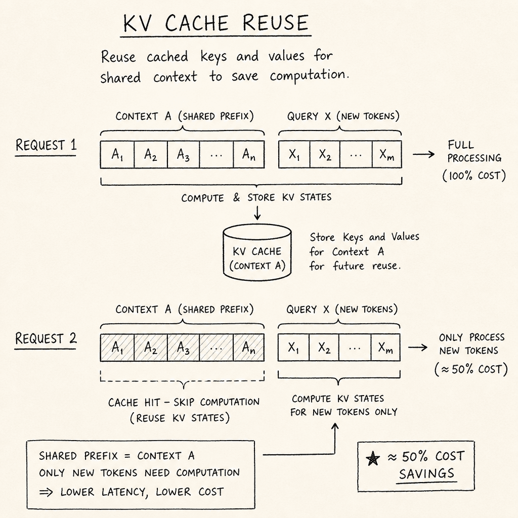 A hand-drawn sketch of a KV cache mechanism, showing two requests where the second request reuses the cached prefix, drawn as a hand-drawn ink sketch on off-white paper, hand-lettered labels, no neon or dark background.