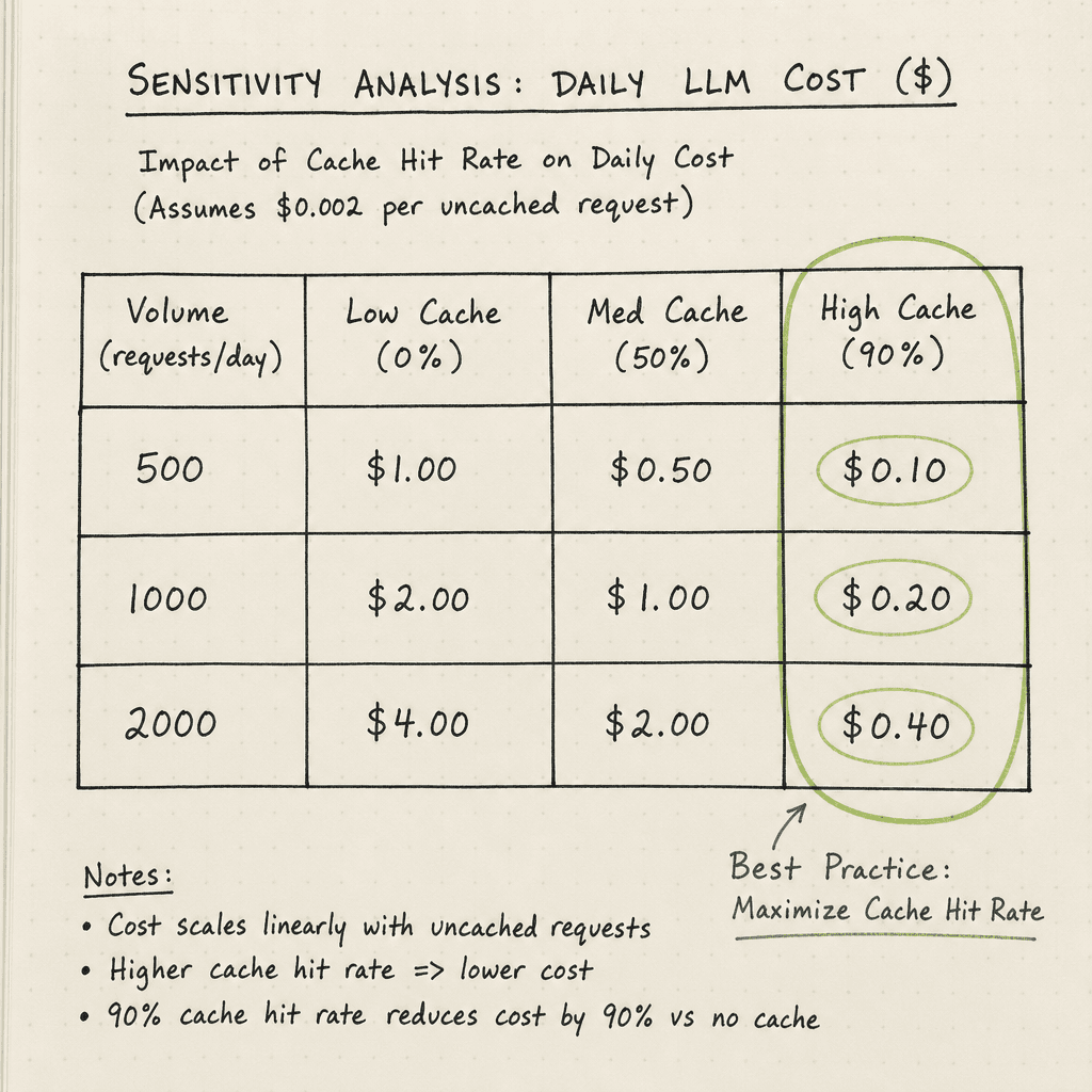 A hand-drawn sensitivity analysis table on paper, showing rows for volume and columns for cache hit rates, with calculated daily costs, drawn as a hand-drawn ink sketch on off-white paper, hand-lettered labels, no neon or dark background.