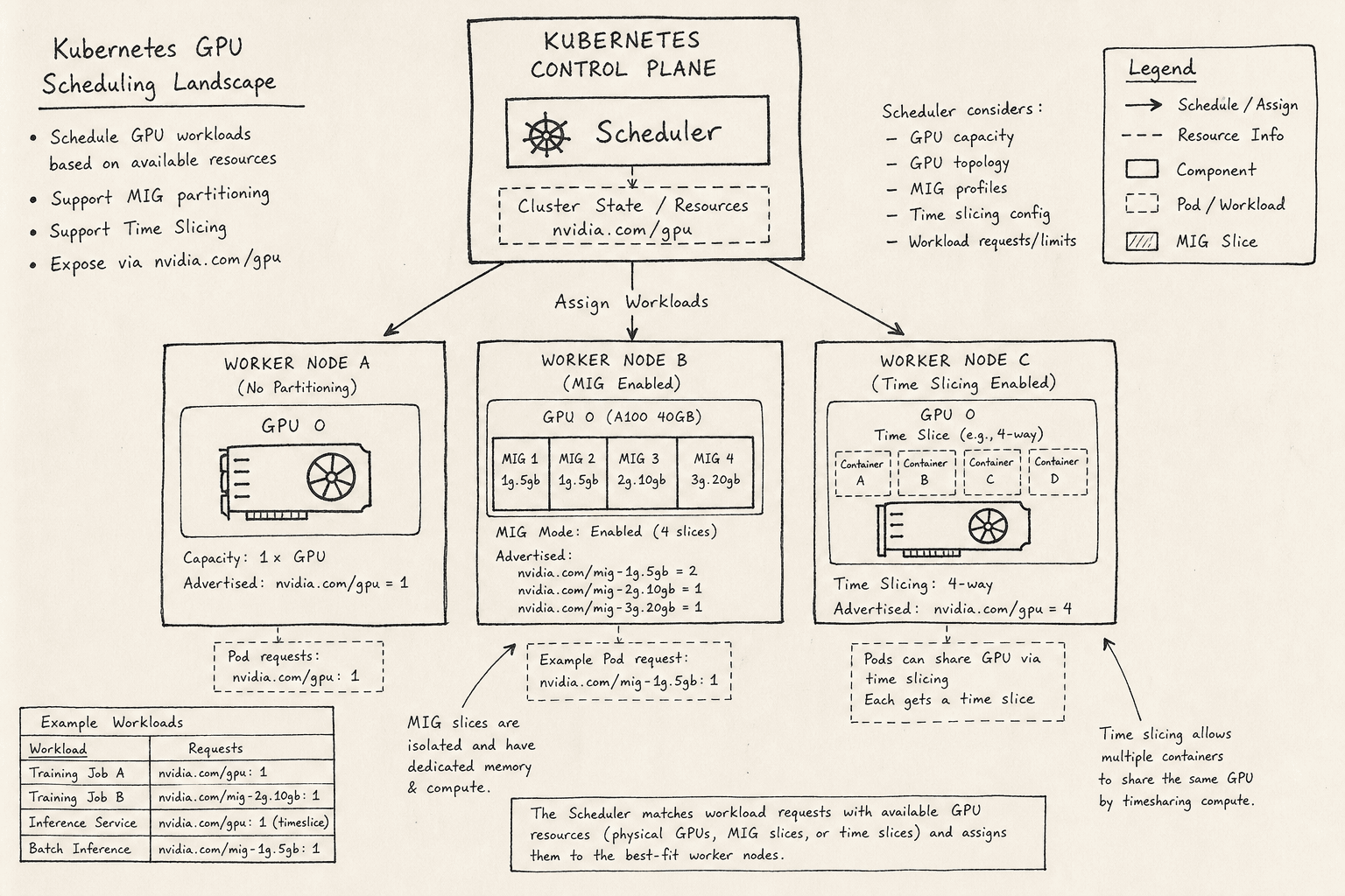Diagram illustrating Kubernetes GPU scheduling with MIG and time slicing concepts.