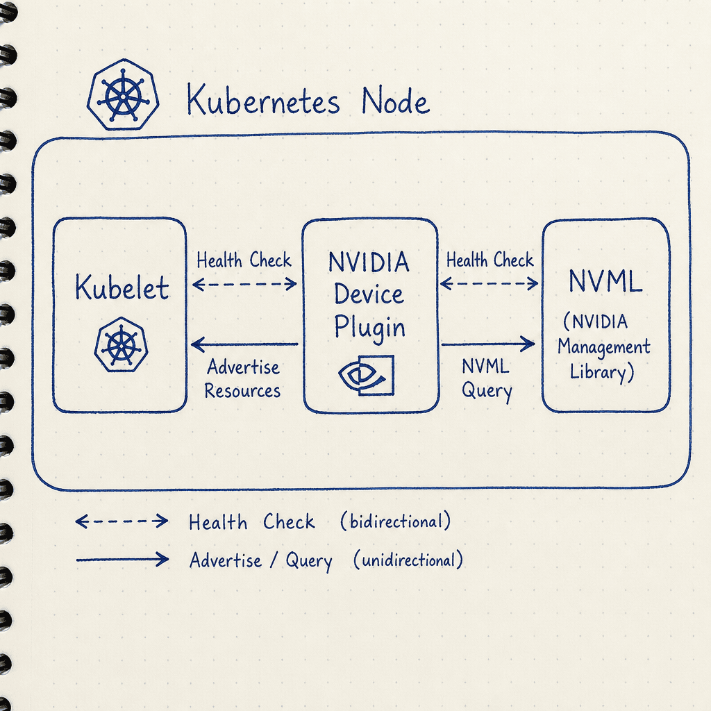 Technical diagram showing the NVIDIA Device Plugin running on a Kubernetes node. The plugin interacts with the kubelet and NVML. Arrows indicate health checks and resource advertising. Clean, architectural style, blue and white color palette, high contrast.