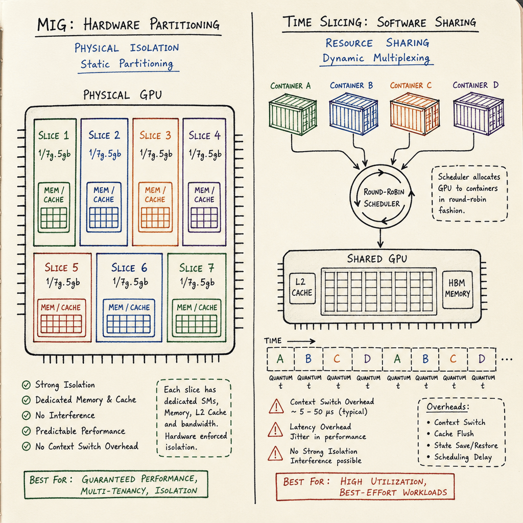 Comparison diagram. Left side : MIG showing physical GPU divided into isolated boxes with separate memory/cache. Right side : Time Slicing showing one GPU with multiple containers sharing it via a round-robin scheduler icon. Technical illustration, clean lines, distinct colors…