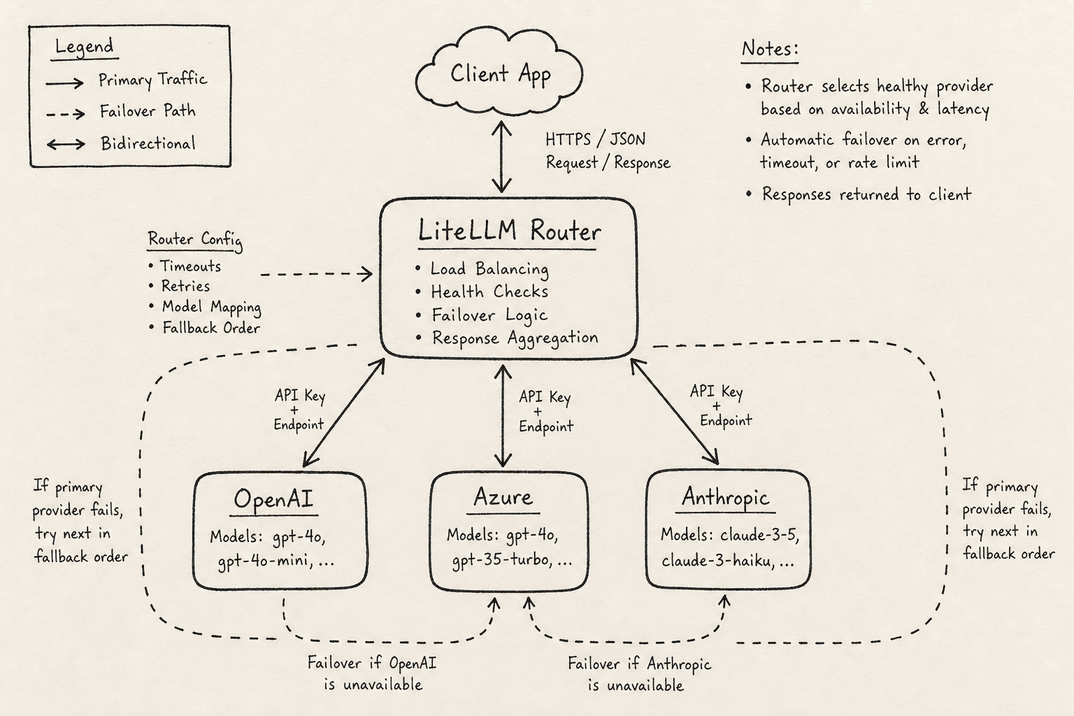 Diagram showing LiteLLM Router distributing traffic across multiple AI providers for failover.