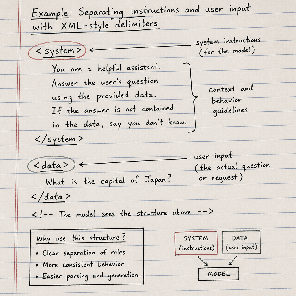 A hand-drawn sketch of a code snippet showing XML-style delimiters (<system>, <data>) separating user input from system instructions, drawn as a hand-drawn ink sketch on off-white paper, hand-lettered labels, no neon or dark background.