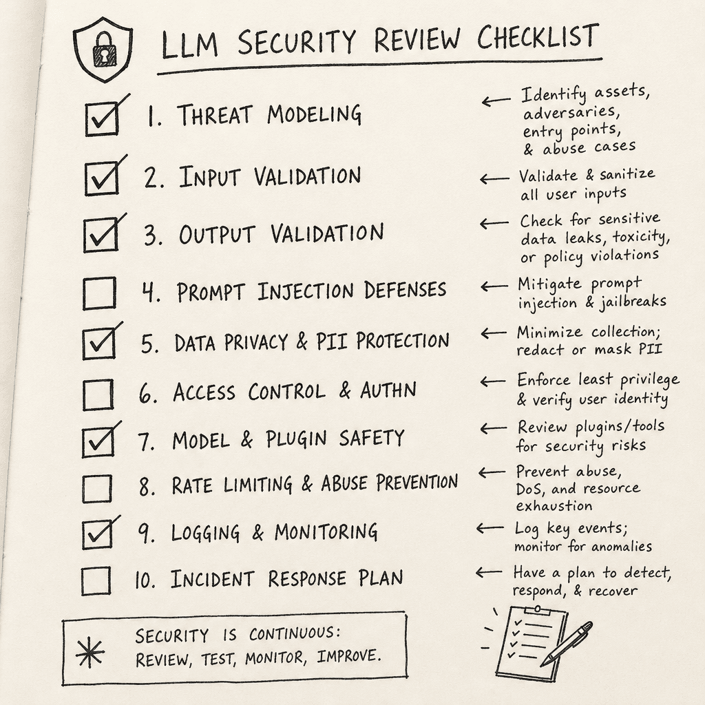 A hand-drawn sketch of a security checklist with checkboxes, including items like 'Threat Modeling', 'Input Validation', and 'Output Validation', drawn as a hand-drawn ink sketch on off-white paper, hand-lettered labels, no neon or dark background.