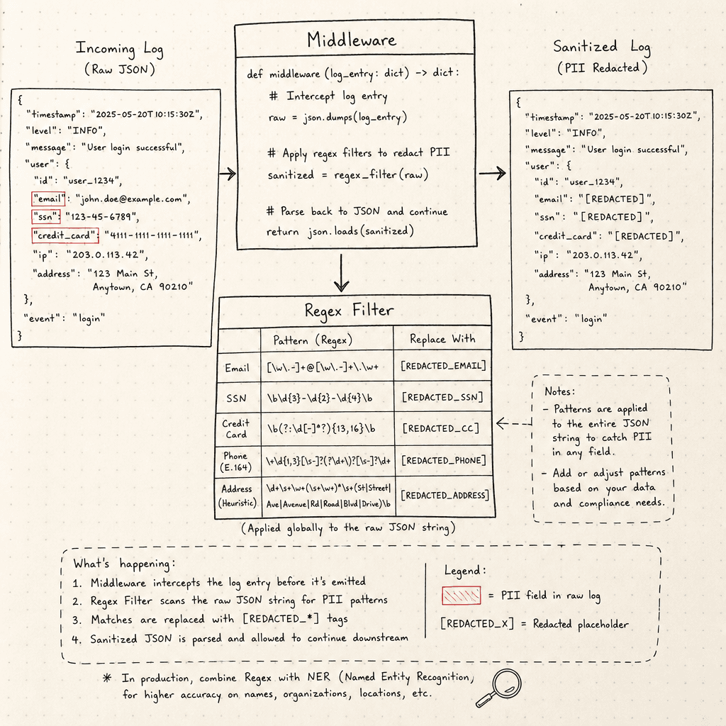 A hand-drawn flowchart on off-white paper showing a middleware function intercepting a JSON log entry, applying regex patterns to replace PII with [REDACTED] tags, drawn as a hand-drawn ink sketch on off-white paper, hand-lettered labels, no neon or dark background.