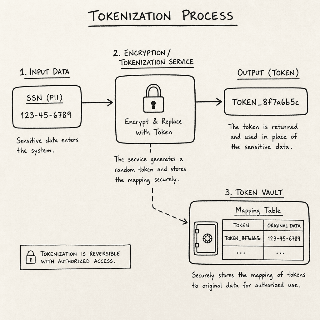 A hand-drawn diagram on off-white paper illustrating the tokenization process : an input SSN goes into an encryption box, comes out as a random token string, and a separate vault stores the mapping, drawn as a hand-drawn ink sketch on off-white paper, hand-lettered labels, no …