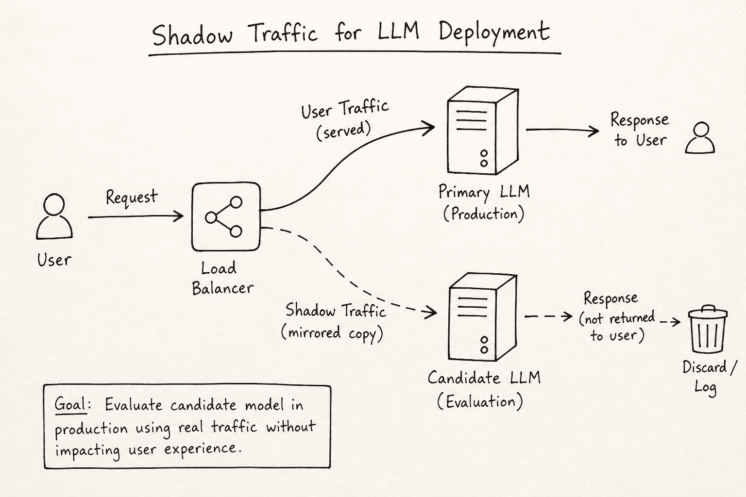 Diagram illustrating shadow traffic mirroring for LLM deployments.