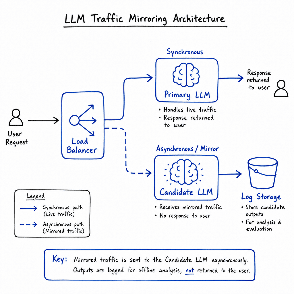 Technical architecture diagram showing traffic mirroring for LLM deployment. Left side : User Request enters Load Balancer. Middle : Split path to Primary LLM (Synchronous) and Candidate LLM (Mirror/Asynchronous). Right side : Candidate LLM output goes to Log Storage, not back…
