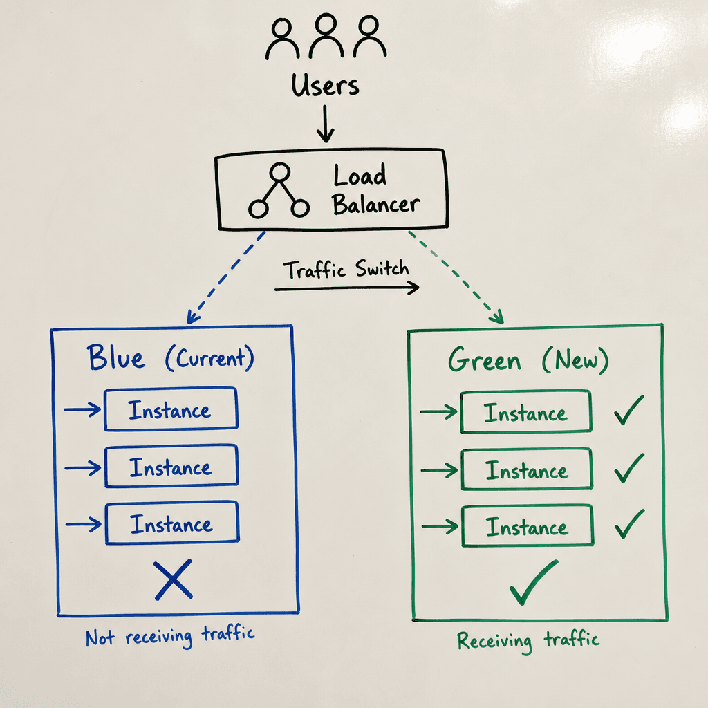 A hand-drawn whiteboard sketch showing two parallel boxes labeled 'Blue' and 'Green' with a load balancer arrow switching from Blue to Green, drawn as a hand-drawn ink sketch on off-white paper, hand-lettered labels, no neon or dark background.