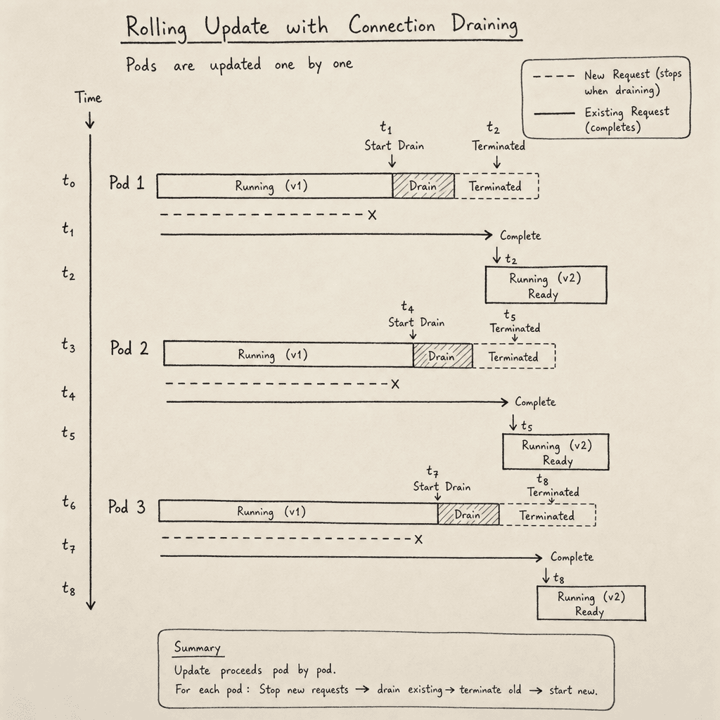 A hand-drawn sequence diagram on paper showing pods being updated one by one with connection draining, drawn as a hand-drawn ink sketch on off-white paper, hand-lettered labels, no neon or dark background.