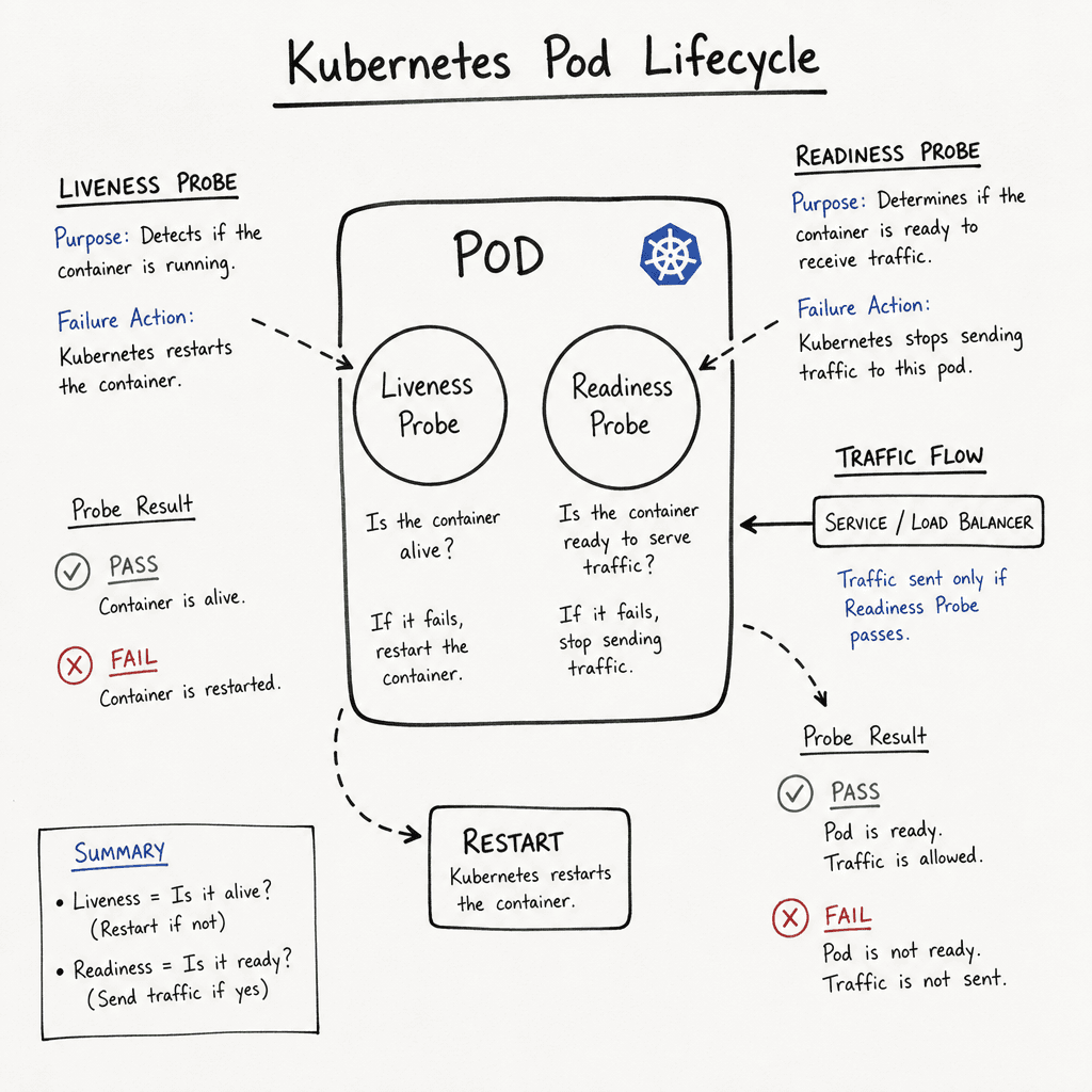 A hand-drawn diagram of a Kubernetes pod lifecycle showing liveness and readiness probes, drawn as a hand-drawn ink sketch on off-white paper, hand-lettered labels, no neon or dark background.