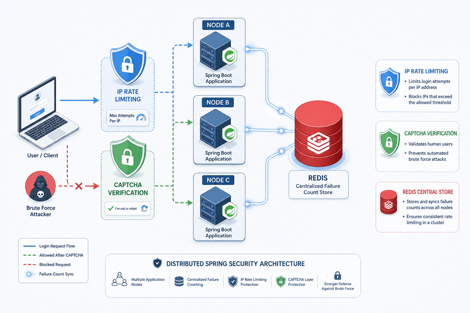 Diagram illustrating the layered defense of distributed failure counting, IP rate limiting, and CAPTCHA integration in Spring Security.