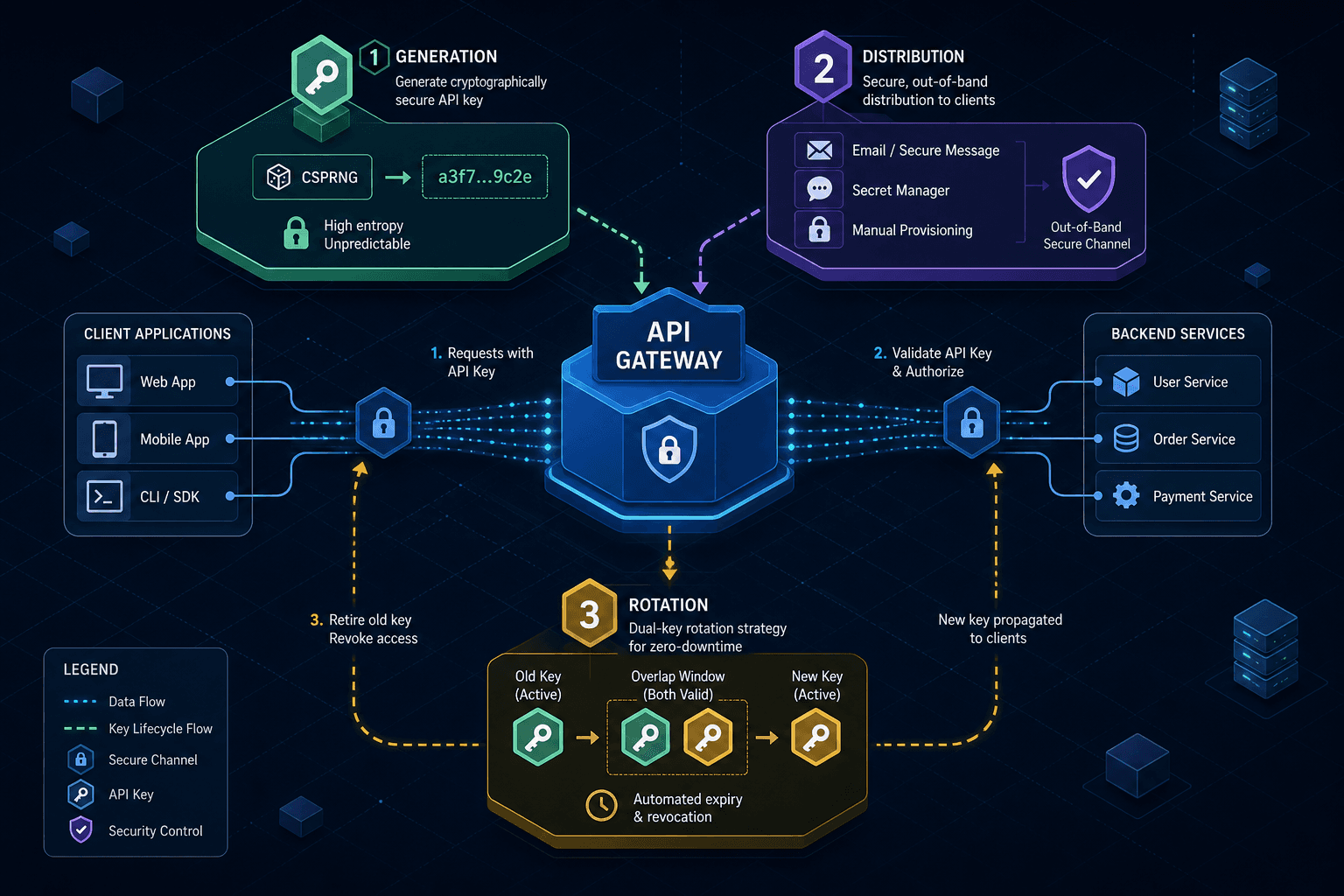 Diagram illustrating the API key lifecycle from generation to rotation and monitoring.