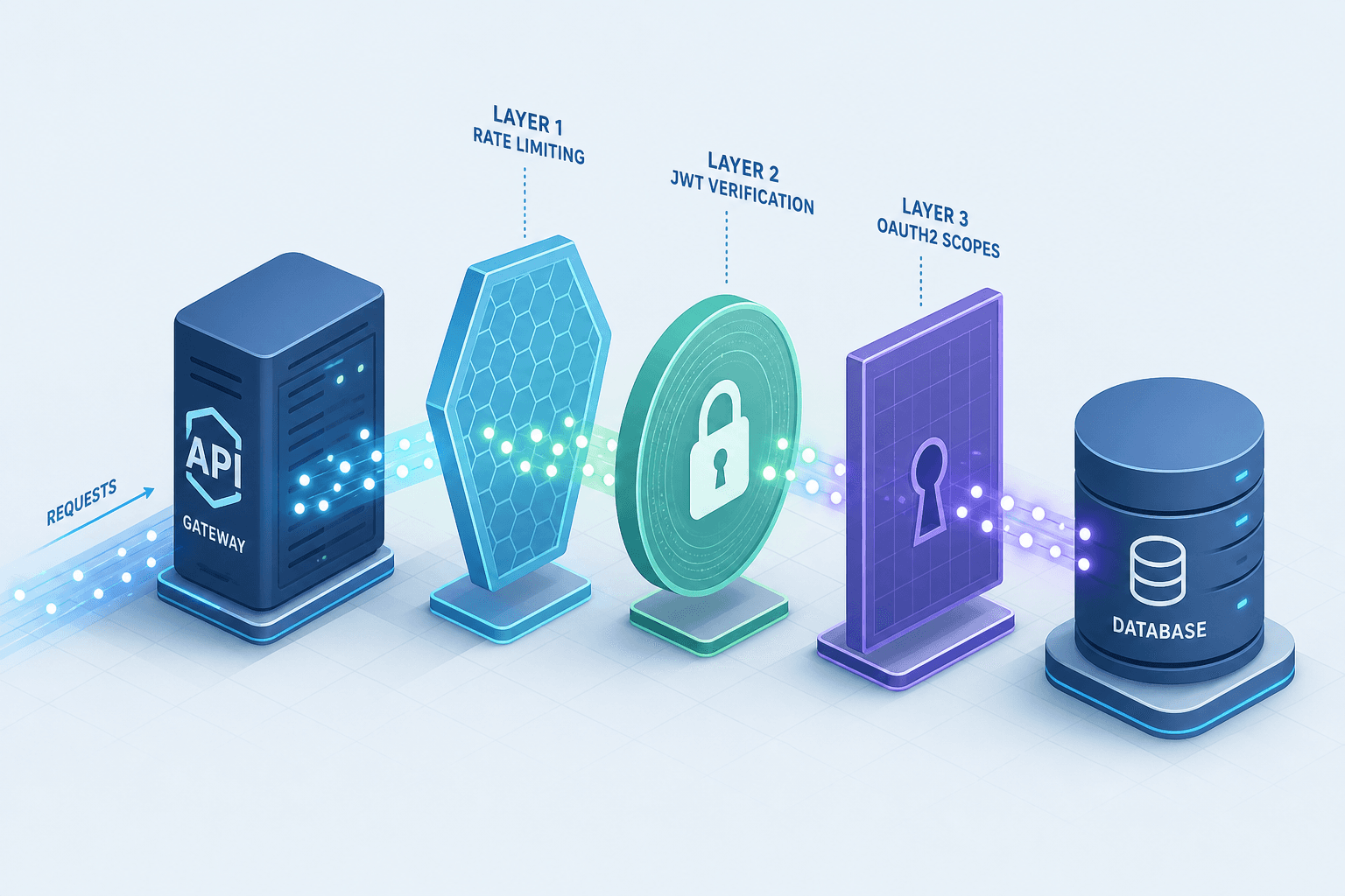 Diagram illustrating the Zero Trust architecture with Rate Limiting, JWT, and OAuth2 Scopes layers.