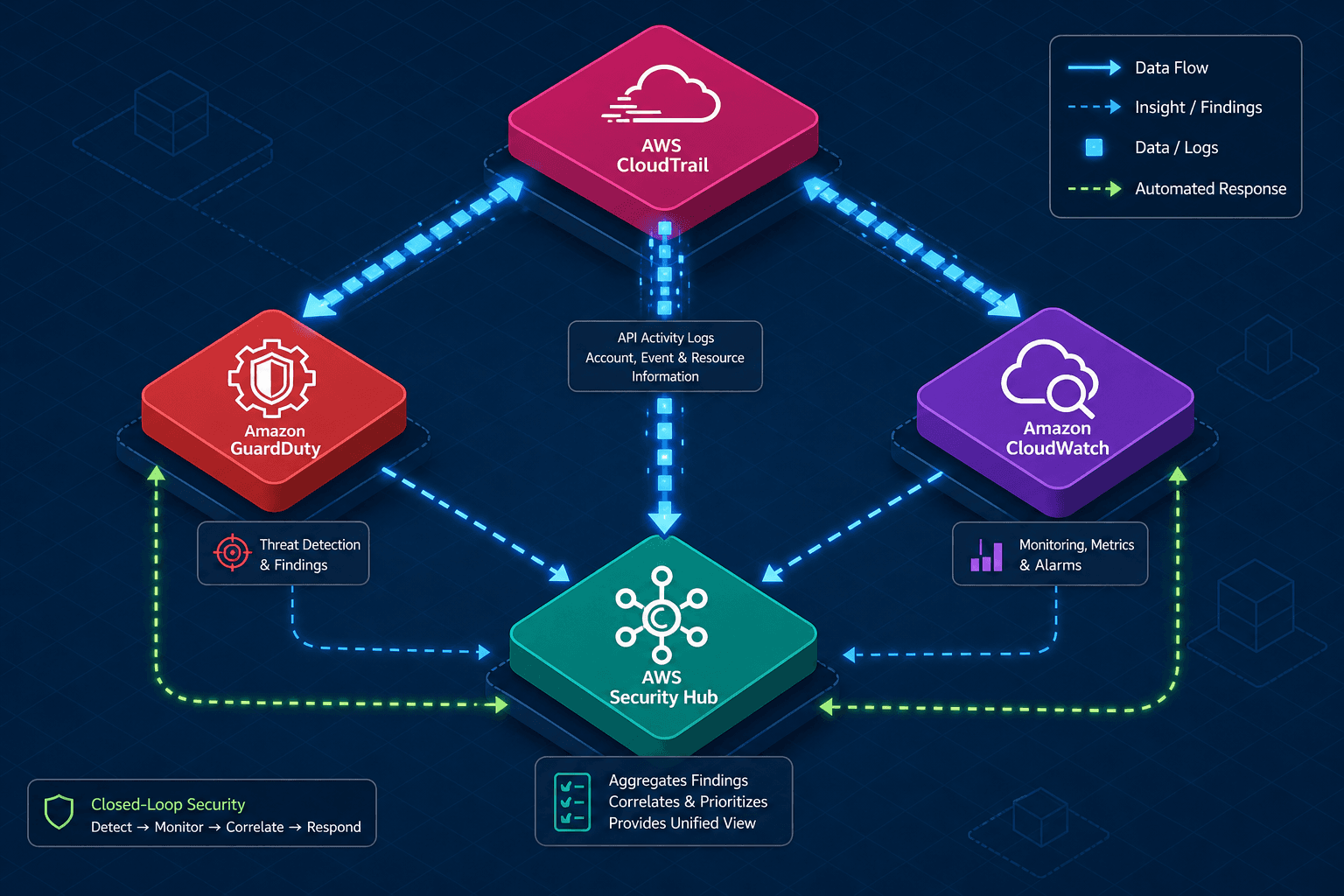 Architectural diagram illustrating the data flow between AWS CloudTrail, CloudWatch, GuardDuty, and Security Hub.