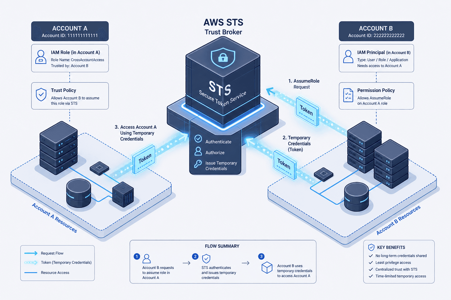 Diagram illustrating the AWS STS trust broker model with AssumeRole and federation flows.