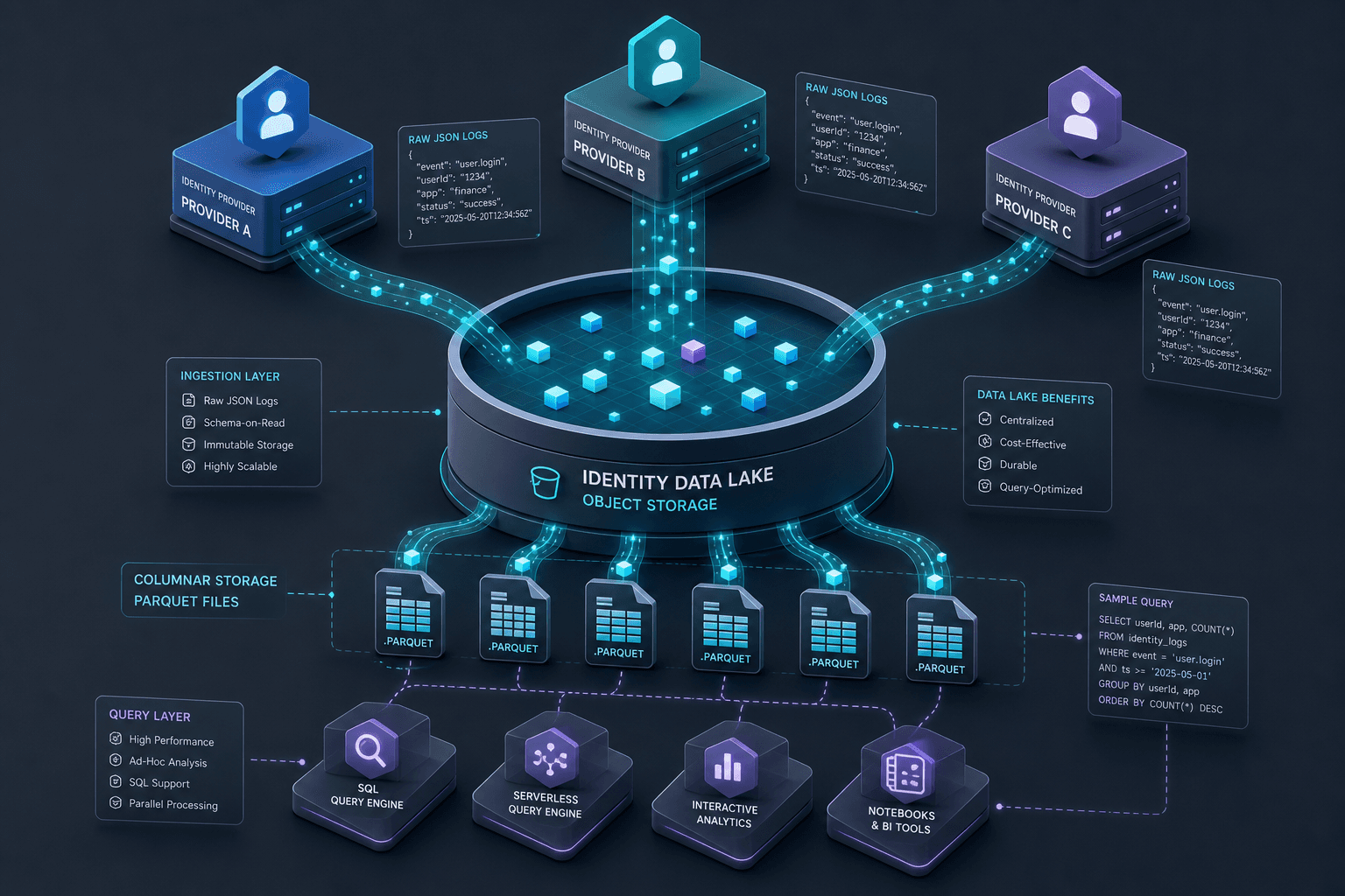 Diagram illustrating the architecture of an identity data lake with log ingestion, partitioning, and query layers.