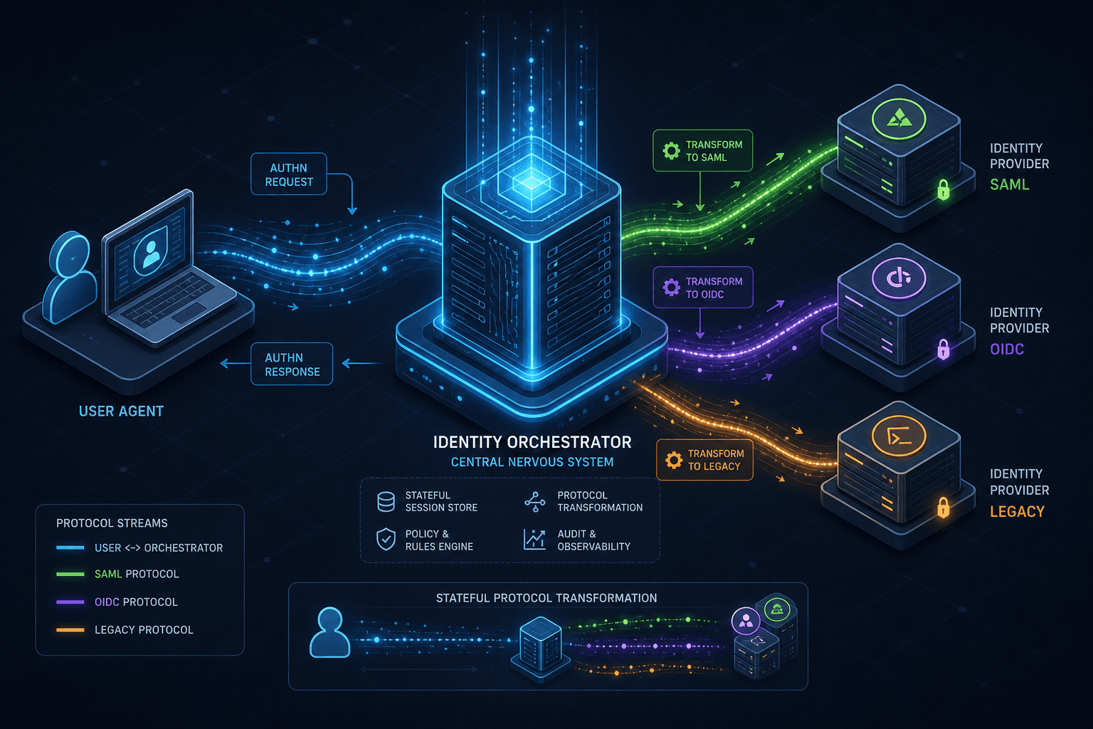 Diagram illustrating an identity orchestrator acting as a central state machine between user agents and multiple identity providers.