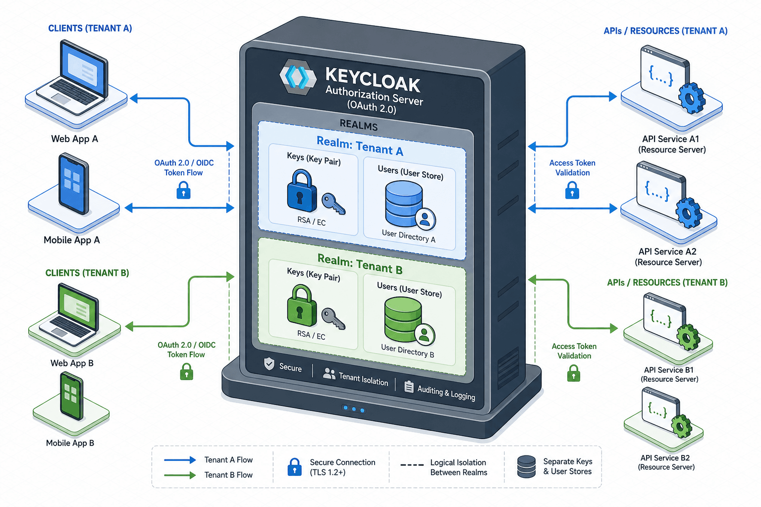 Diagram illustrating Keycloak Realms isolating tenants A and B with separate key pairs and token flows.
