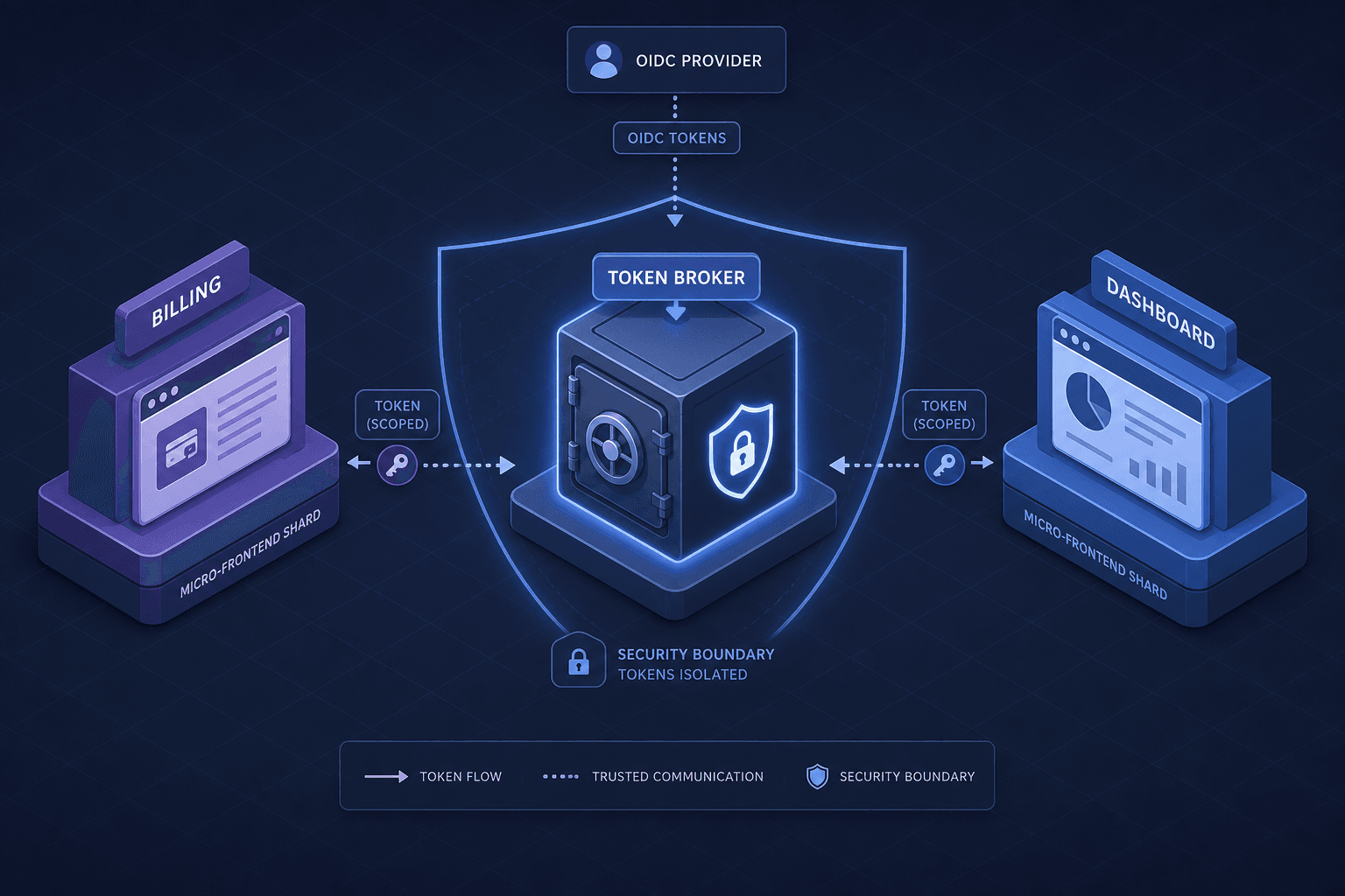 Diagram illustrating the Token Broker pattern isolating OIDC tokens from micro-frontend shards.