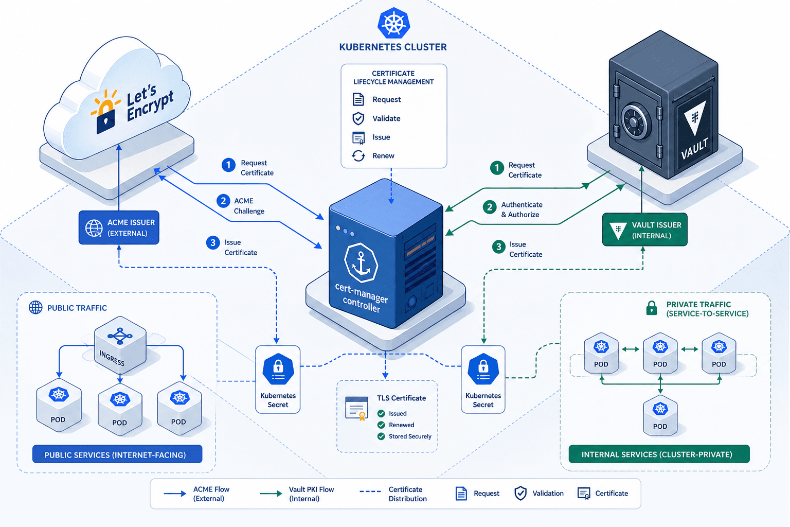 Diagram illustrating the hybrid architecture of cert-manager orchestrating between Let's Encrypt and Vault PKI for Kubernetes certificate lifecycle management.