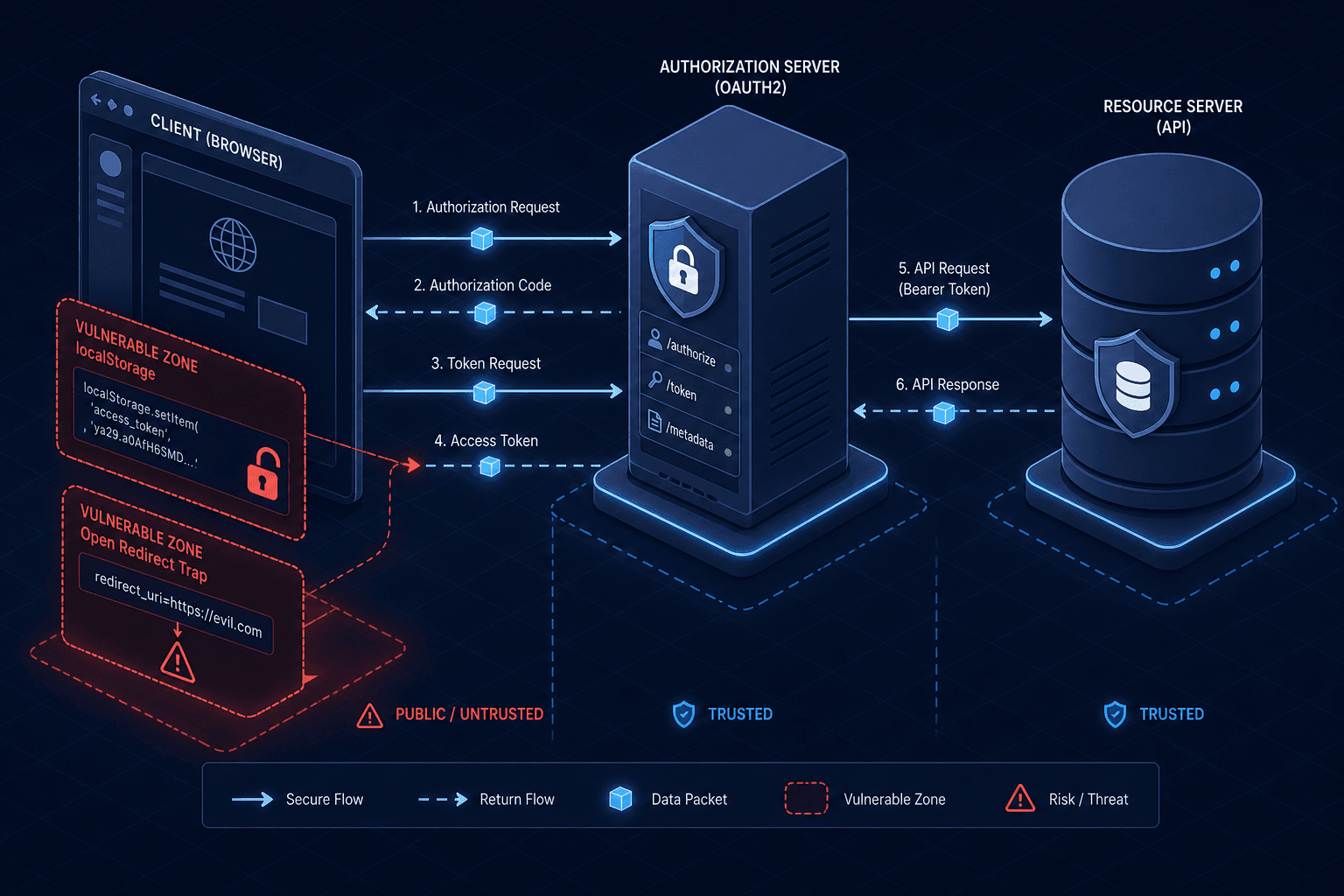 Diagram illustrating OAuth2 token flow vulnerabilities and security boundaries.