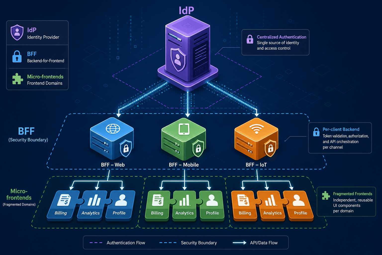 Diagram illustrating the Backend-for-Frontend pattern with separate BFF layers for web, mobile, and IoT clients connecting to a central Identity Provider.