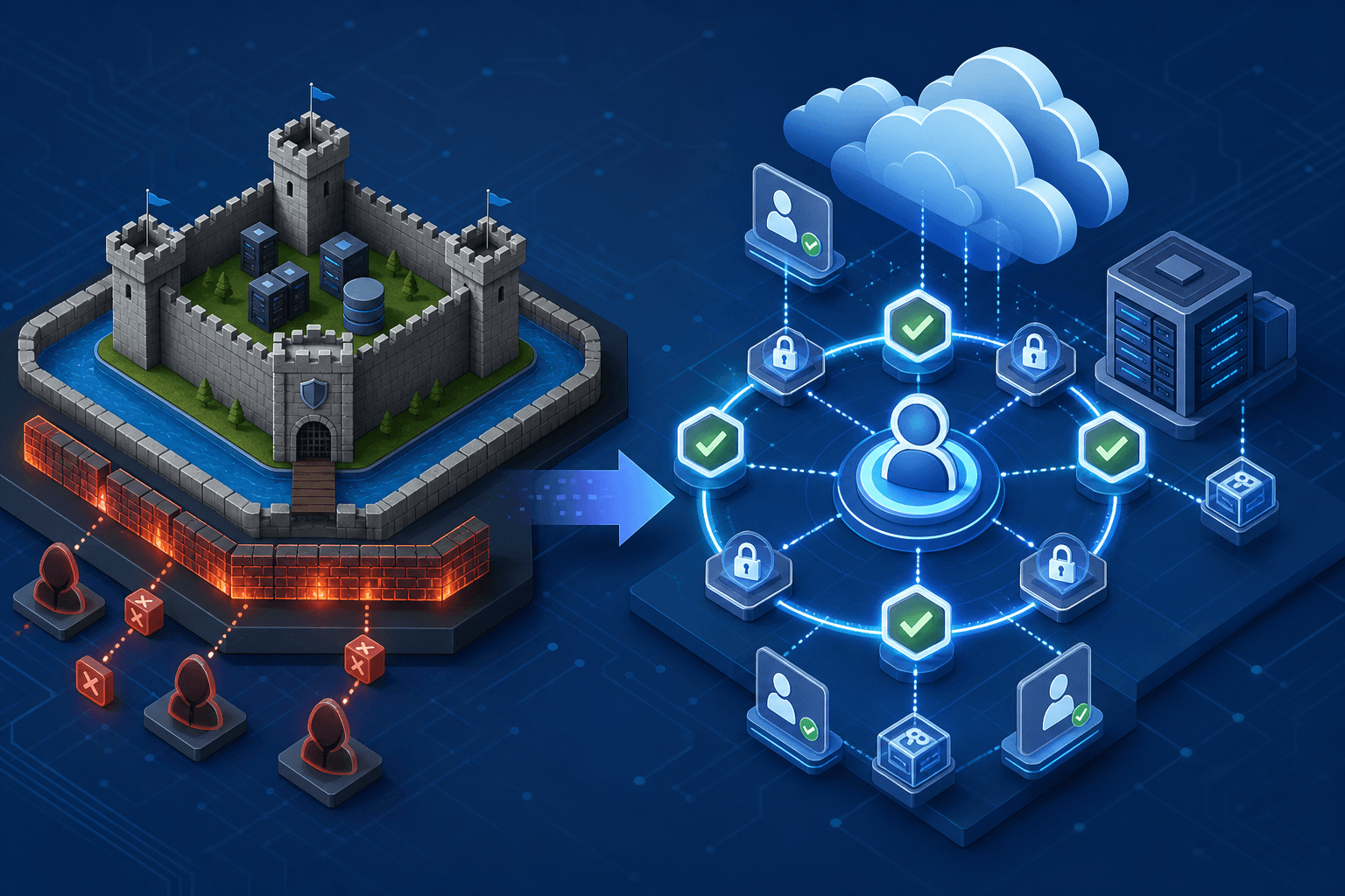 Diagram illustrating the shift from a static network perimeter to a dynamic identity perimeter with cryptographic verification.