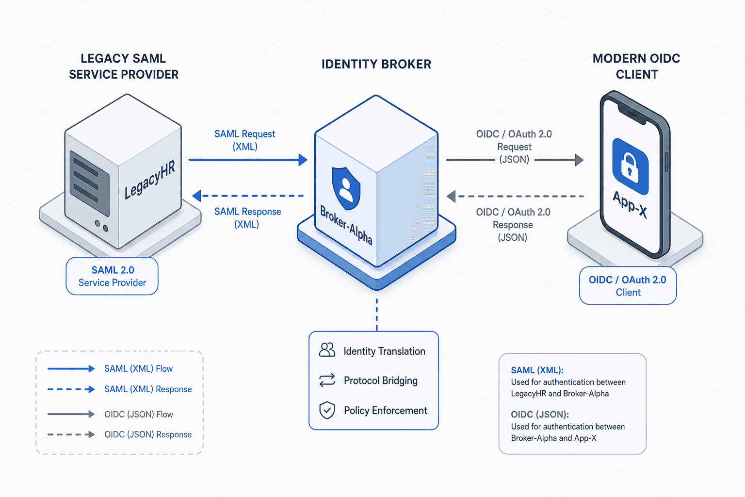 Diagram illustrating the three-party architecture of SAML-to-OIDC bridging with a central Identity Broker.