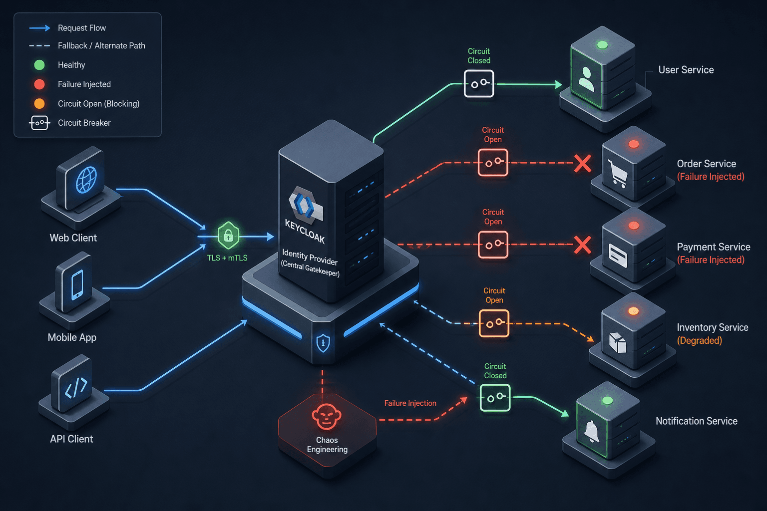 Diagram illustrating chaos engineering failure injection in an Identity and Access Management system.