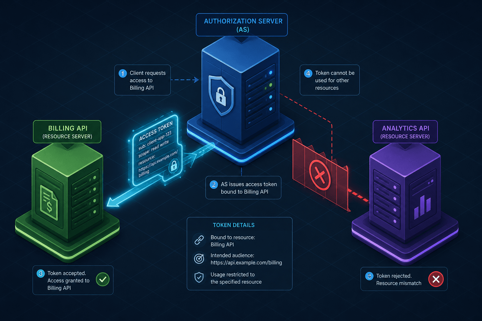 Diagram illustrating the OAuth2 Resource Indicator flow with Authorization Server, Client, and Resource Server.