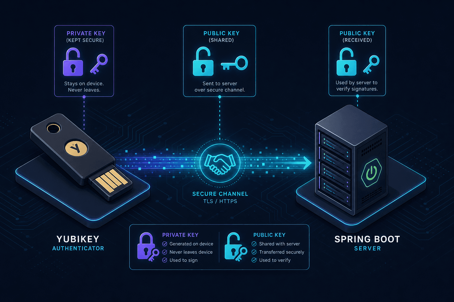 Diagram illustrating the asymmetric key pair flow between a YubiKey and a Spring Boot server.