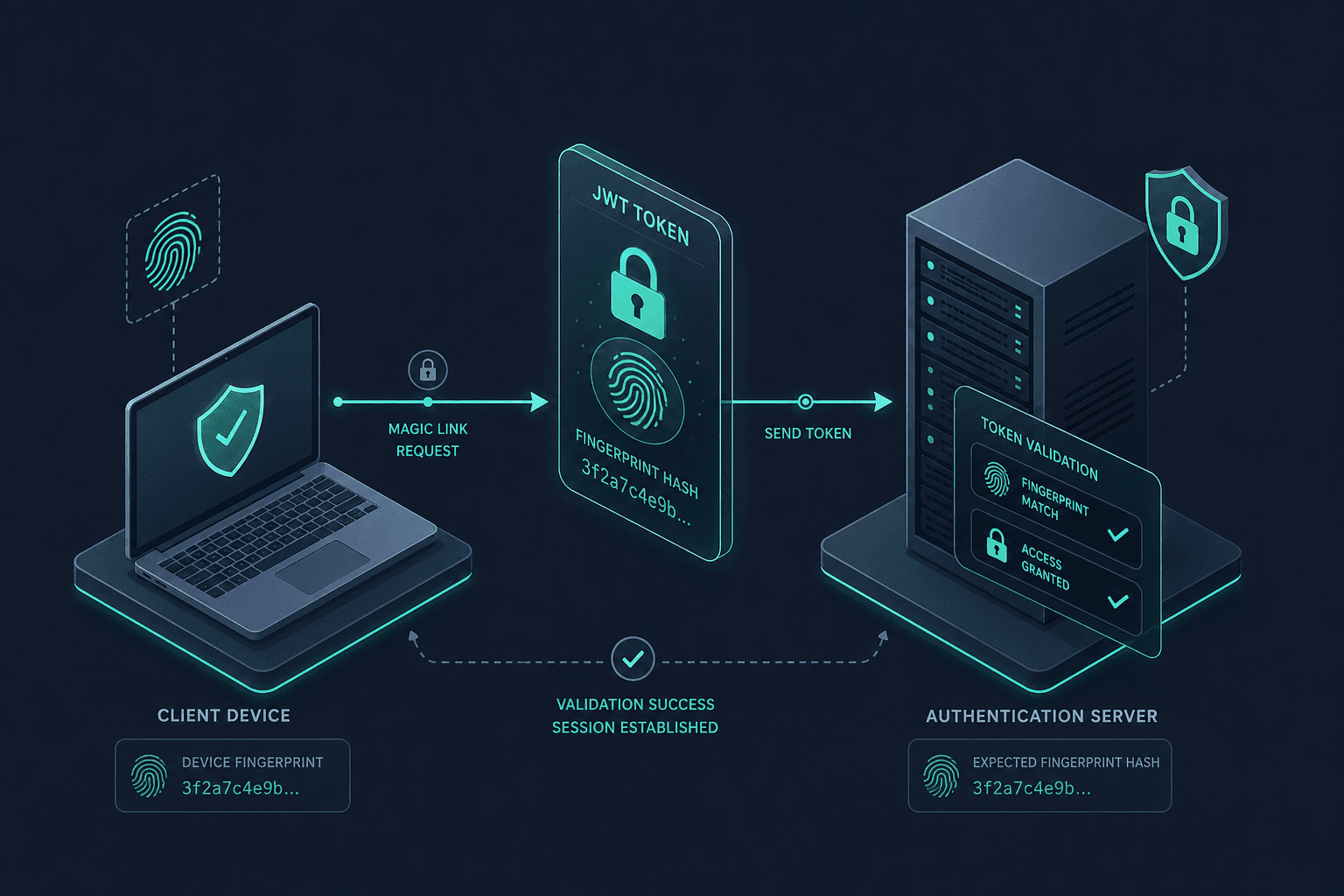 Diagram illustrating client-bound magic link authentication with device fingerprinting.