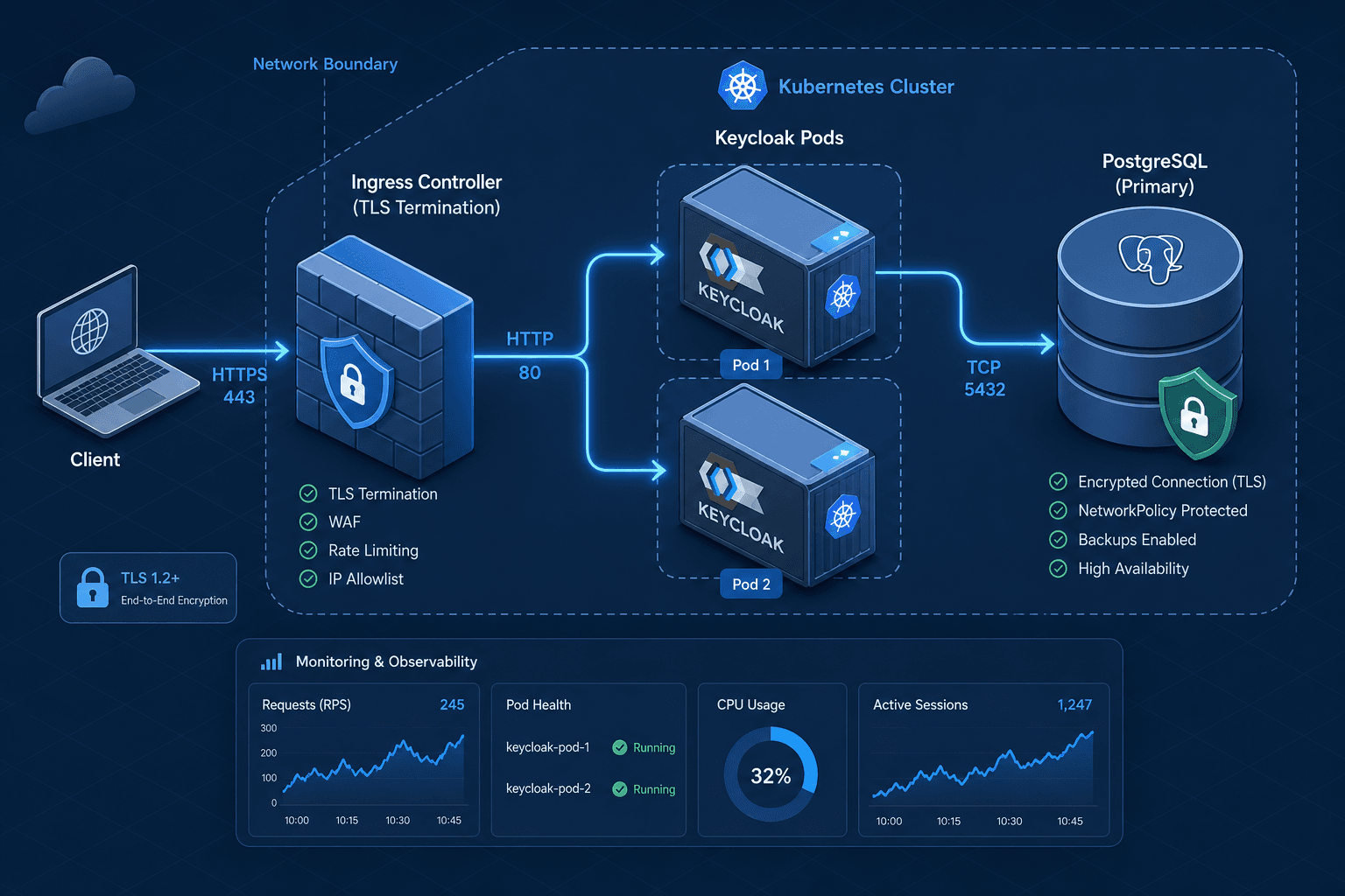 Diagram showing Keycloak architecture with TLS termination, Kubernetes pods, and PostgreSQL database.