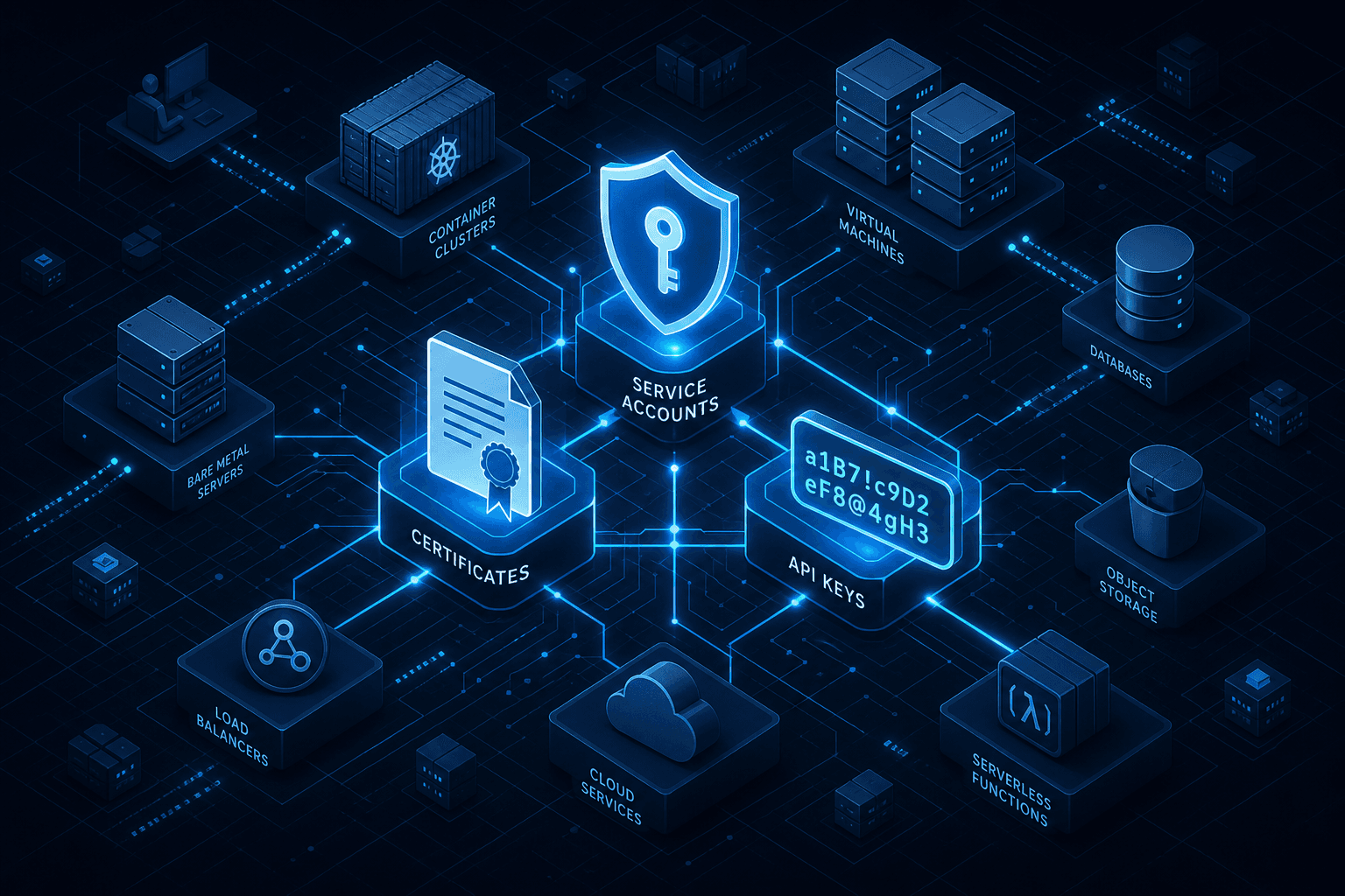 Diagram illustrating the three pillars of machine identity: Service Accounts, Certificates, and API Keys within a Zero Trust architecture.