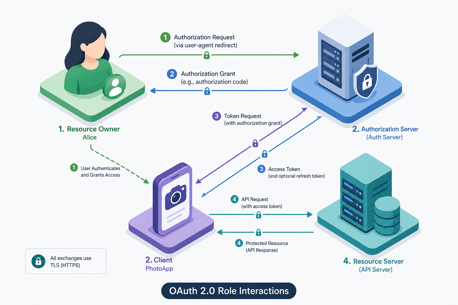 Diagram showing the four roles of OAuth 2.0 interacting to grant delegated access.
