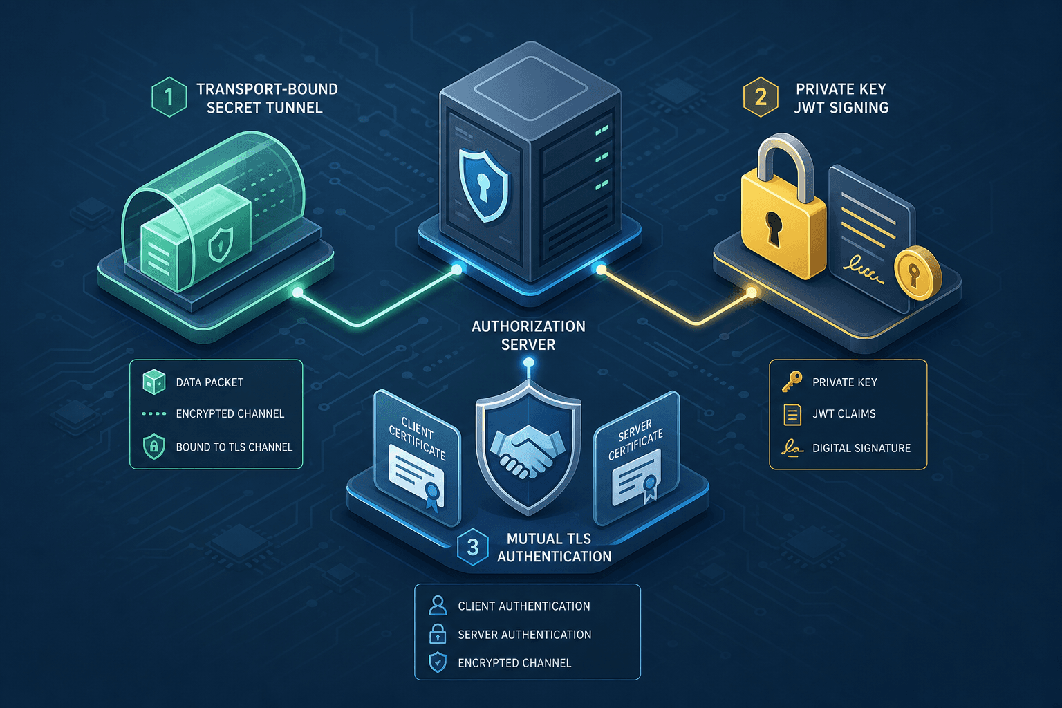 Diagram illustrating the three OAuth2 client authentication mechanisms: transport binding, cryptographic signing, and mutual TLS.