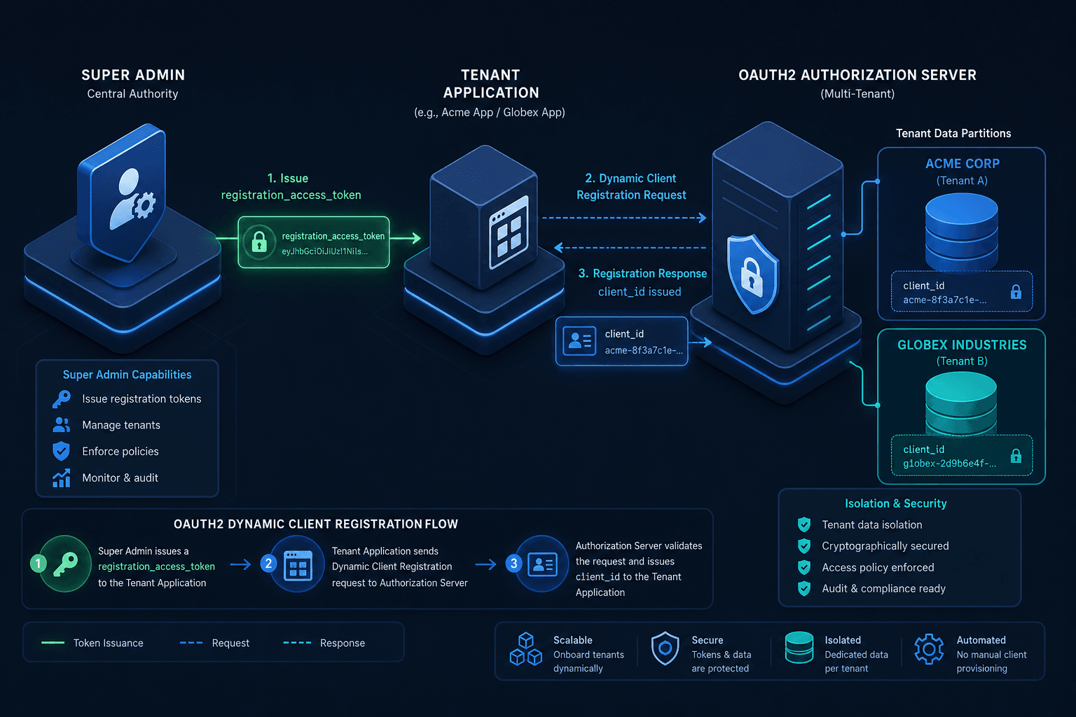 Diagram illustrating the OAuth2 Dynamic Client Registration flow in a multi-tenant SaaS architecture.